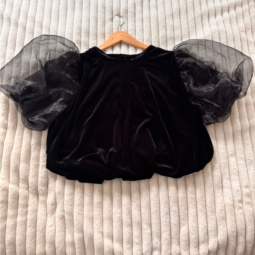 Maeve Black Velvet Cropped Top with Puff Sheer Sleeves XL